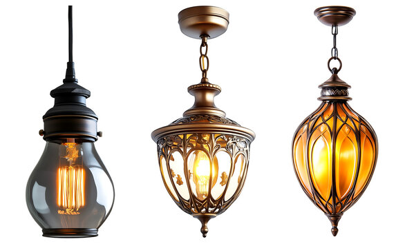 Elegant collection of three hanging lamps, each with unique ornate designs and vintage appeal, showcasing interior decor and lighting fixtures, PNG image, Cutout, Isolated on white background