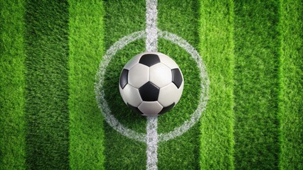Obraz premium Aerial Soccer Field View: Drone Shot of Soccer Ball & Lines on Lush Green Grass