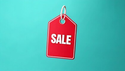 A vibrant red sale tag hangs against a bright blue background, emphasizing discounts and promotions.