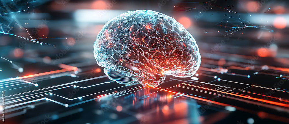 Poster exploring futuristic ai neural network advancements in a digital visualization environment