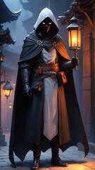 A mysterious cloaked figure holding a lantern stands in a dark, atmospheric alleyway, evoking a sense of suspense and intrigue in a fantasy setting.