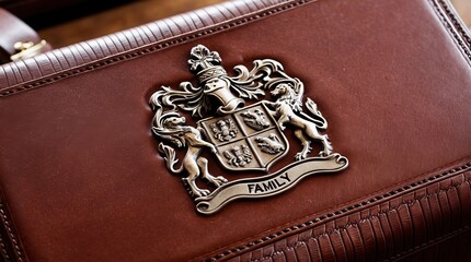 Leather briefcase featuring intricate family crest with ornate lions and crown, symbolizing heritage and tradition. Rich brown tones convey elegance.