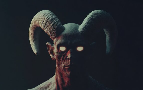 A 3D model of a humanoid demon with dark red skin, glowing eyes, and large horns, against an empty black background. - Powered by Adobe