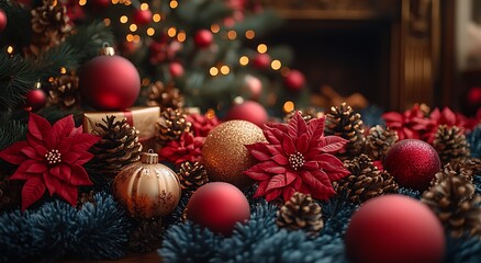 Close-Up of Ornaments and Pine Cones.

