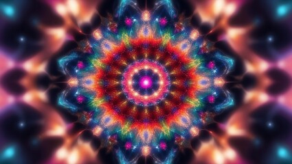 Colorful mandala pattern with intricate details, glowing lights in vibrant hues, symmetrical design conveying harmony and creativity.