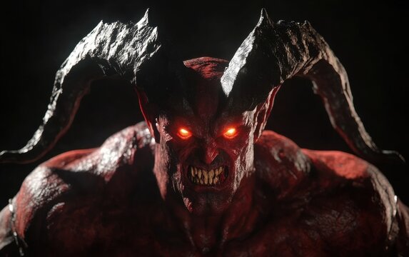 A 3D model of a humanoid demon with dark red skin, glowing eyes, and large horns, against an empty black background.