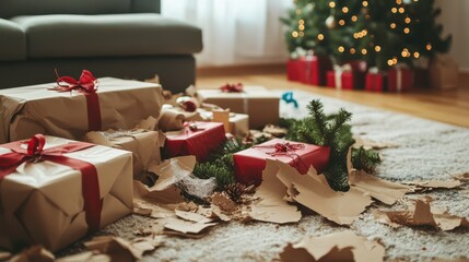 Christmas scene with torn wrapping paper and gifts, highlighting eco-friendly wrapping and waste management.
