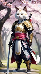 Cat dressed in ornate samurai armor, holding katana, surrounded by pink cherry blossoms, showcasing strength and honor in a serene environment.
