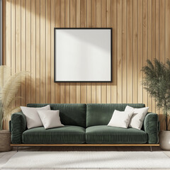 Modern Farmhouse Living Room with Green Velvet Couch and Blank Picture Frame