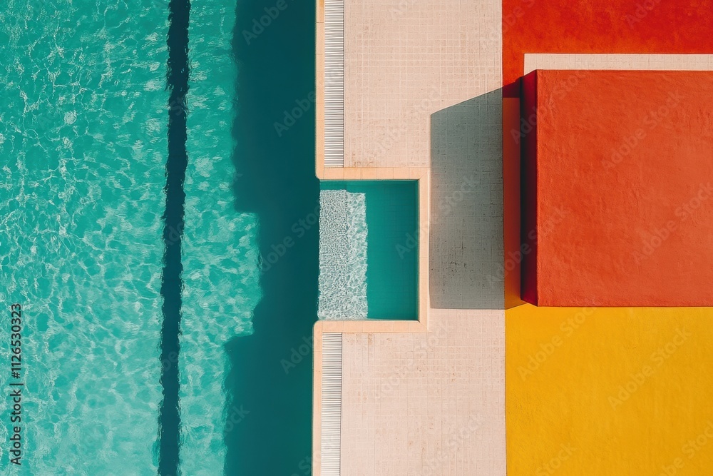 Poster bright colors surround a refreshing swimming pool with defined lanes, ideal for both leisure and com