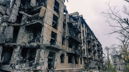 destroyed and burned houses in the city in Ukraine