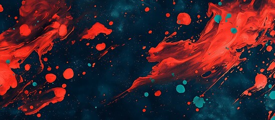 Fiery red smudges with teal spots over a navy base.