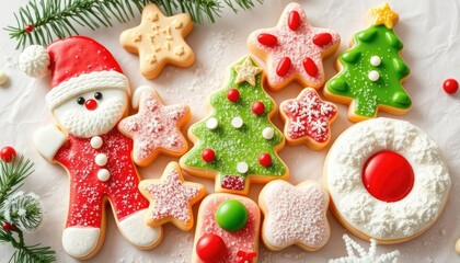 Festive Christmas cookies decorated in vibrant colors and holiday shapes.