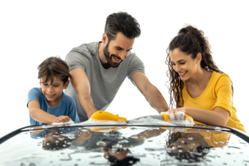 Laughter and Soap: Family Washing a Car Together Isolated on Transparent Background