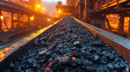 Obraz premium Conveyor belt transporting coal at an industrial site during dusk