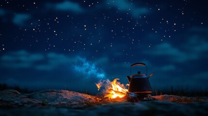 rugged camping scene with antique brewing pot, smoldering fire beneath, cosmic night sky with scattered stars, tranquil wilderness setting, deep navy celestial background, nostalgic outdoor