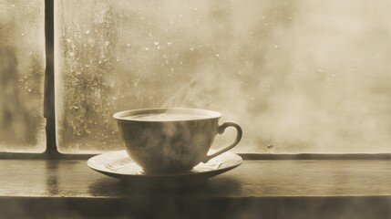 Fototapeta premium hot beverage in ceramic cup and saucer, scattered water droplets, misty window backdrop, intimate still life photography, gentle steam rising, nostalgic sepia mood