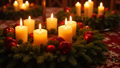 Beautiful Christmas wreath with candles and ornaments on a festive table