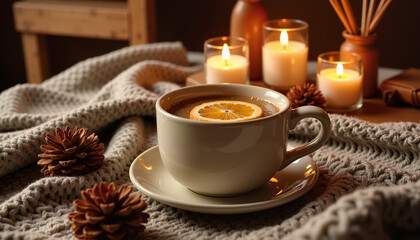 Cozy cup of hot beverage with lemon slice and candles on a knitted blanket