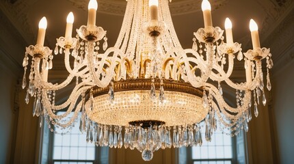 Obraz premium Elegant crystal chandelier with multiple arms and candles, adorned with sparkling crystals, brightening a luxurious interior.