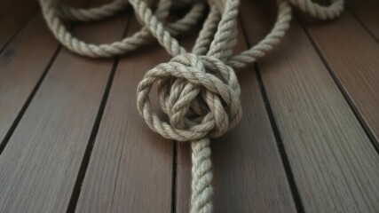 Obraz premium Close-up of ship ropes with a tightly tied knot on a wooden deck, safety