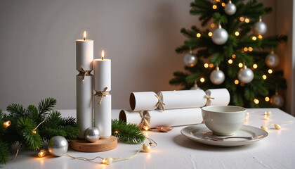 Elegant holiday table with white candles, Christmas crackers, and a decorative tree for a festive atmosphere