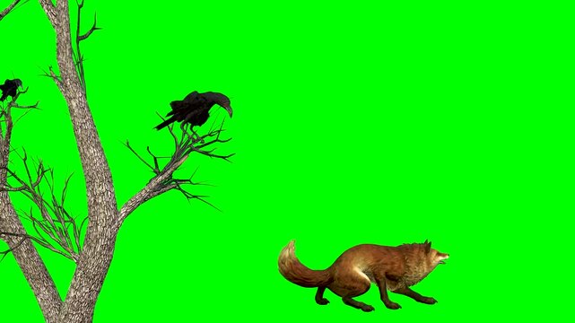 The sick fox takes the last steps and falls dead.. And immediately two crows fly up to the body , sitting in a tree waiting and then pecking .