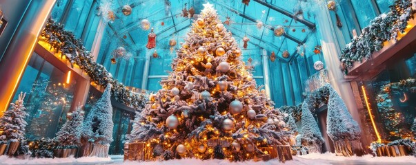 Obraz premium Christmas Tree With Decorations And Glitter. Winter Holiday Background