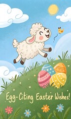 Fototapeta premium Playful cartoon sheep jumping with colorful Easter eggs and cheerful text