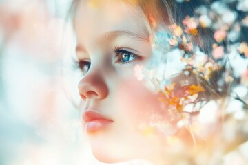 Fototapeta premium dreamy portrait of a child with soft focus and floral overlay