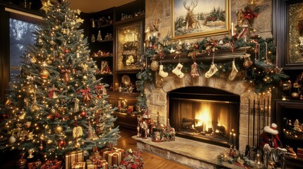 Christmas Tree With Decorations Near A Fireplace