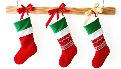 Three festive Christmas stockings hanging on a wooden beam, decorated with ribbons.