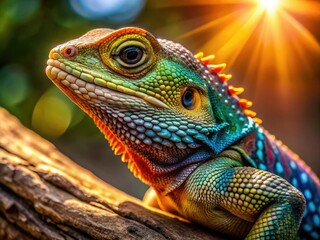 Fototapeta premium Vibrant Lizard on Branch: Detailed Macro Photography of Reptile Skin Texture