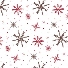 Seamless pattern of red and brown snowflakes in various different shapes on white backgrround for Chistmas, New Year, posters, greeting cards, packaging, wrapping papers