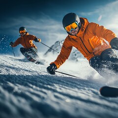 Dynamic action shot of two skiers racing down a snowy slope in vibrant orange jackets, cinematic winter sports photography