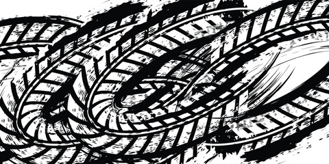 Car tire tread grunge element. Car and motorcycle tire pattern, wheel tire tracks. Black tire print. Vector illustration isolated on white background.
