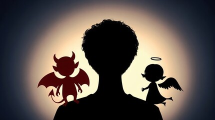 A silhouette depicting a person's head with angel and devil figures on their shoulders, symbolizing the inner conflict and moral choices individuals face.