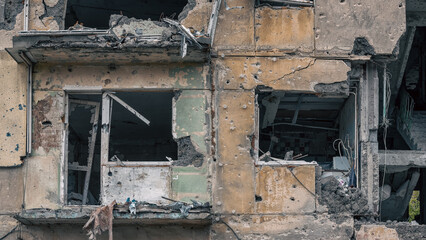 destroyed and burned houses in the city in Ukraine