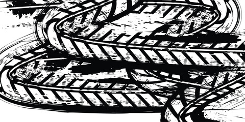 Car tire tread grunge element. Car and motorcycle tire pattern, wheel tire tracks. Black tire print. Vector illustration isolated on white background.