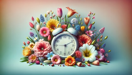 Vintage alarm clock surrounded by vibrant spring flowers, butterflies, and ladybugs, spring concept

