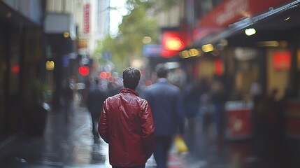 Man in red jacket walking in busy city street.