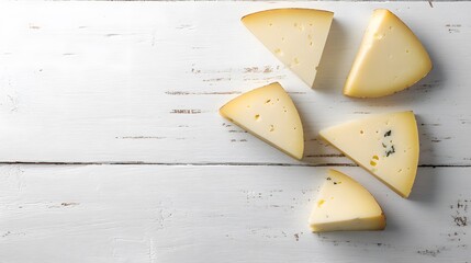 Cheese wedges arranged on white wooden background