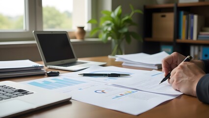 A modern, stylish workspace that features various business reports, a laptop, and a tablet on a wooden table
