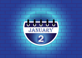 January 2 calendar sign on blue neon brick wall background. Flat design style. Date, day and month. Vector illustration.