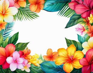 bright vivid tropical hawaiian summer flowers frame border with transparent white background