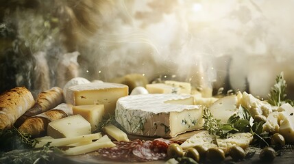 Fototapeta premium Aromatic Cheese Board with Bread and Olives