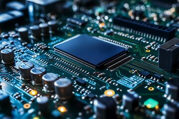 Obraz premium Close up of Circuit Board with Microchip. Concept of Technology, Electronics, and Innovation.