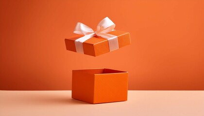 open orange gift box with ribbon floats above its base creating sense of surprise and anticipation minimalist design highlights vibrant color and elegant presentation