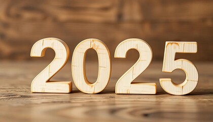 Wooden numbers representing the year 2025 on a wooden surface.