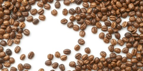 Obraz premium A close-up shot of freshly roasted coffee beans on a clean white background, background